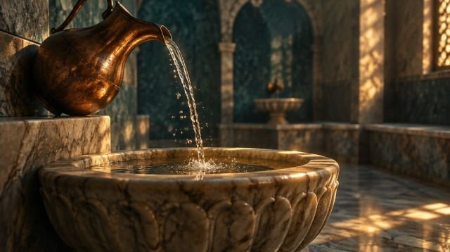 Gusül – bakır ibrikten mermer kurnaya dökülen su