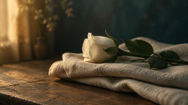 Haya ve İman – keten üzerinde beyaz gül goncası