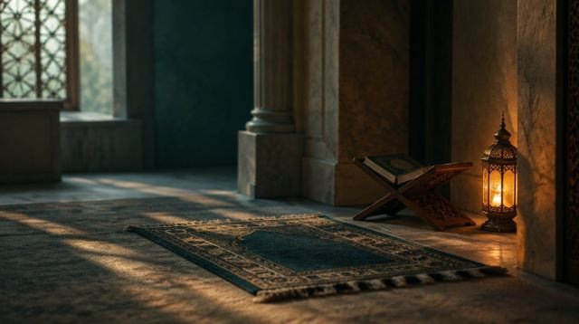 İtikâf – camide seccade, rahle ve kandil köşesi