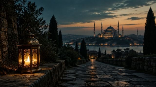İrşad kategorisi – taş yolda fener ve uzakta cami