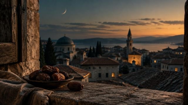 Şevval Orucu – akşam göğünde hilal ve pencere önünde hurma