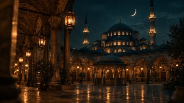 Teravih Namazının Kılınışı – kandillerle aydınlanmış cami avlusu